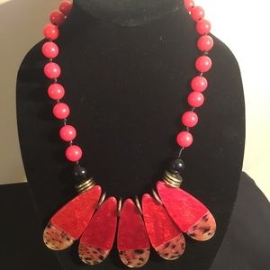 Red glass beaded and cheeta print necklace set